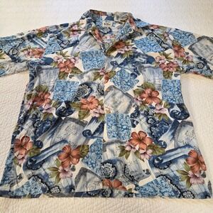 Pau Hana‎ Hawaii Mens Large Blue Floral Map Hibiscus Cotton Viscose Aloha Shirt